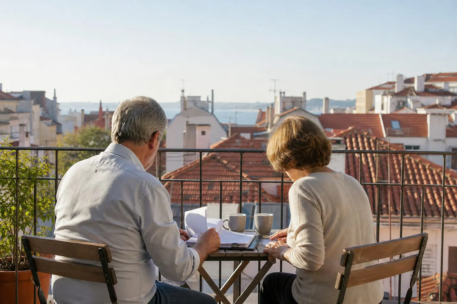 Retired couple organising paperwork on a Lisbon balcony while preparing a Portugal D7 visa application