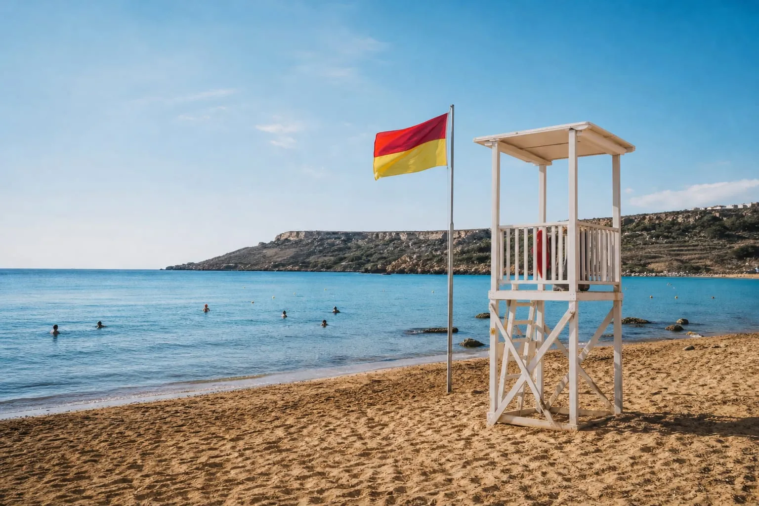 Lifeguard tower and flag on a Maltese beach on a calm morning